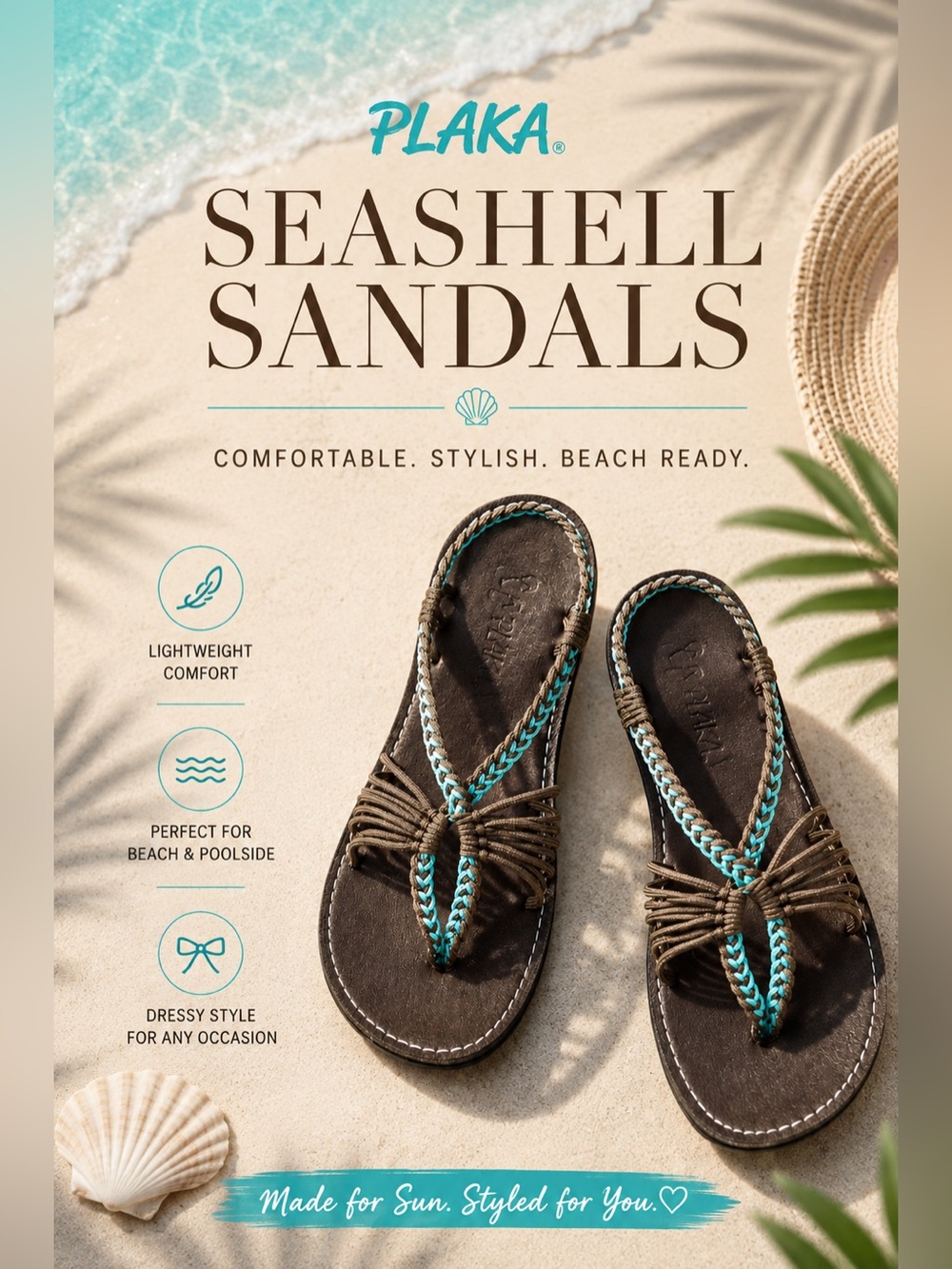Plaka Seashell Sandals Brown Turquoise Braided Boho Size 8